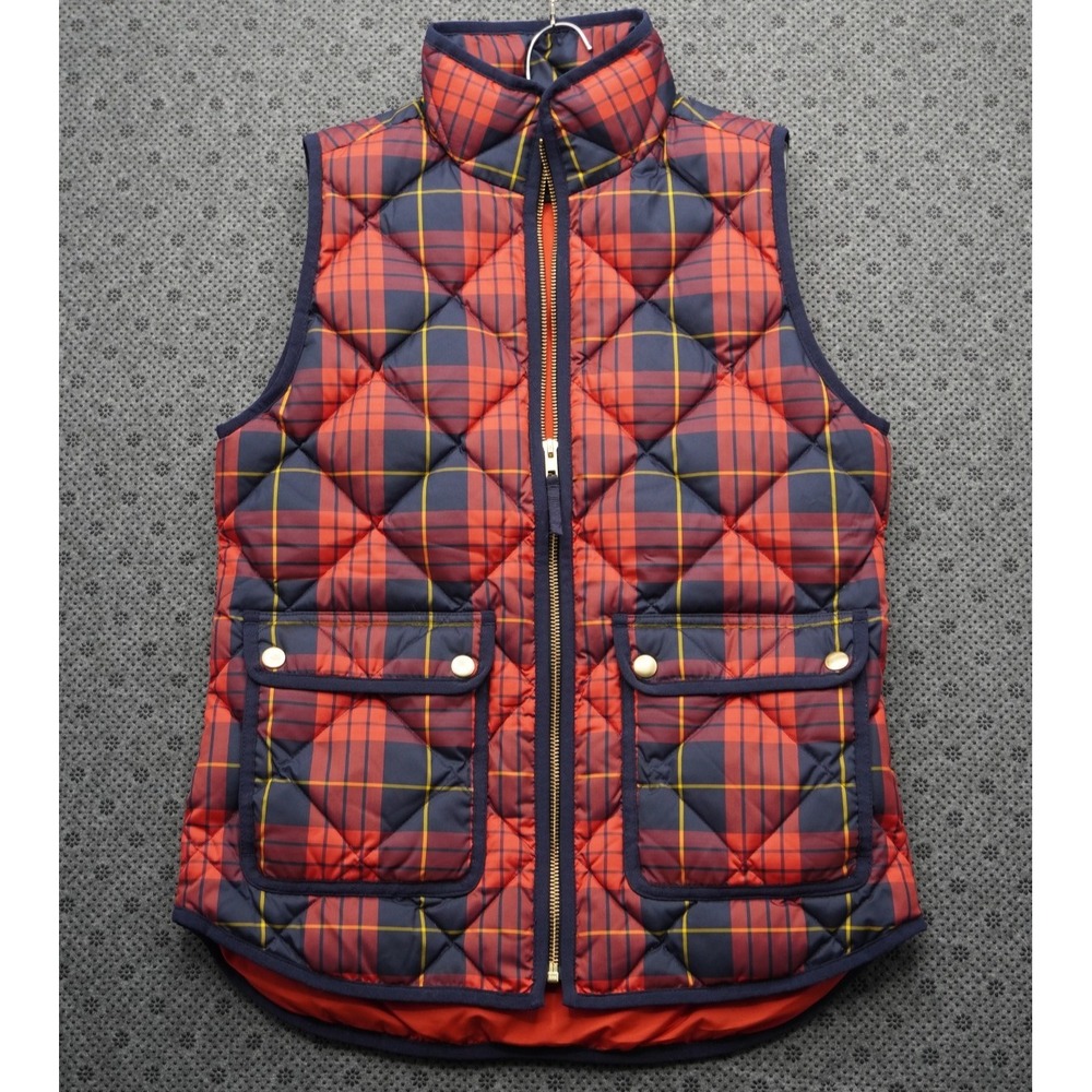 J Crew Vest Womens XXS Tartan Plaid Quilted Full Zip Red Puffer Insulated